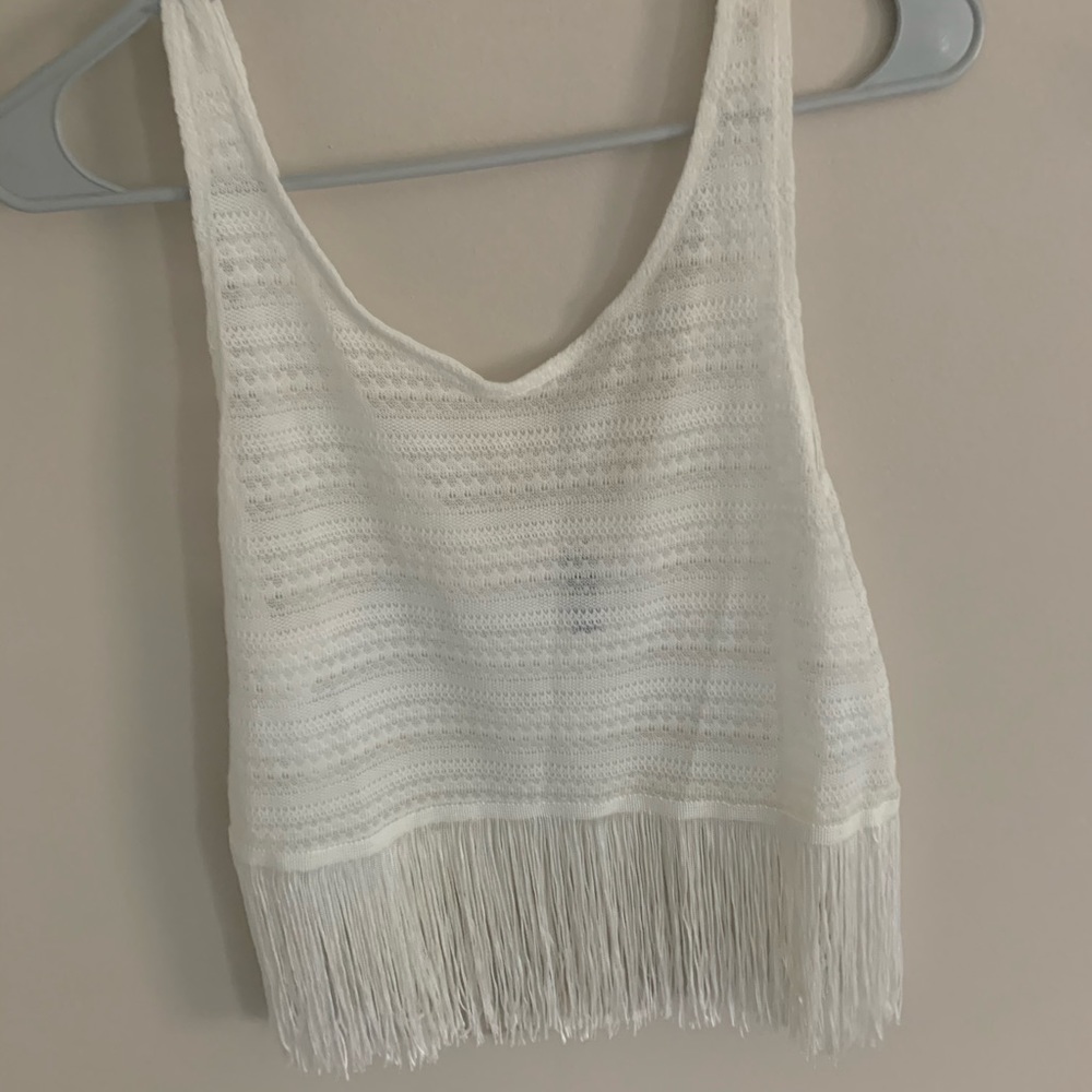 White lace crop top with fringe bottom! Size S